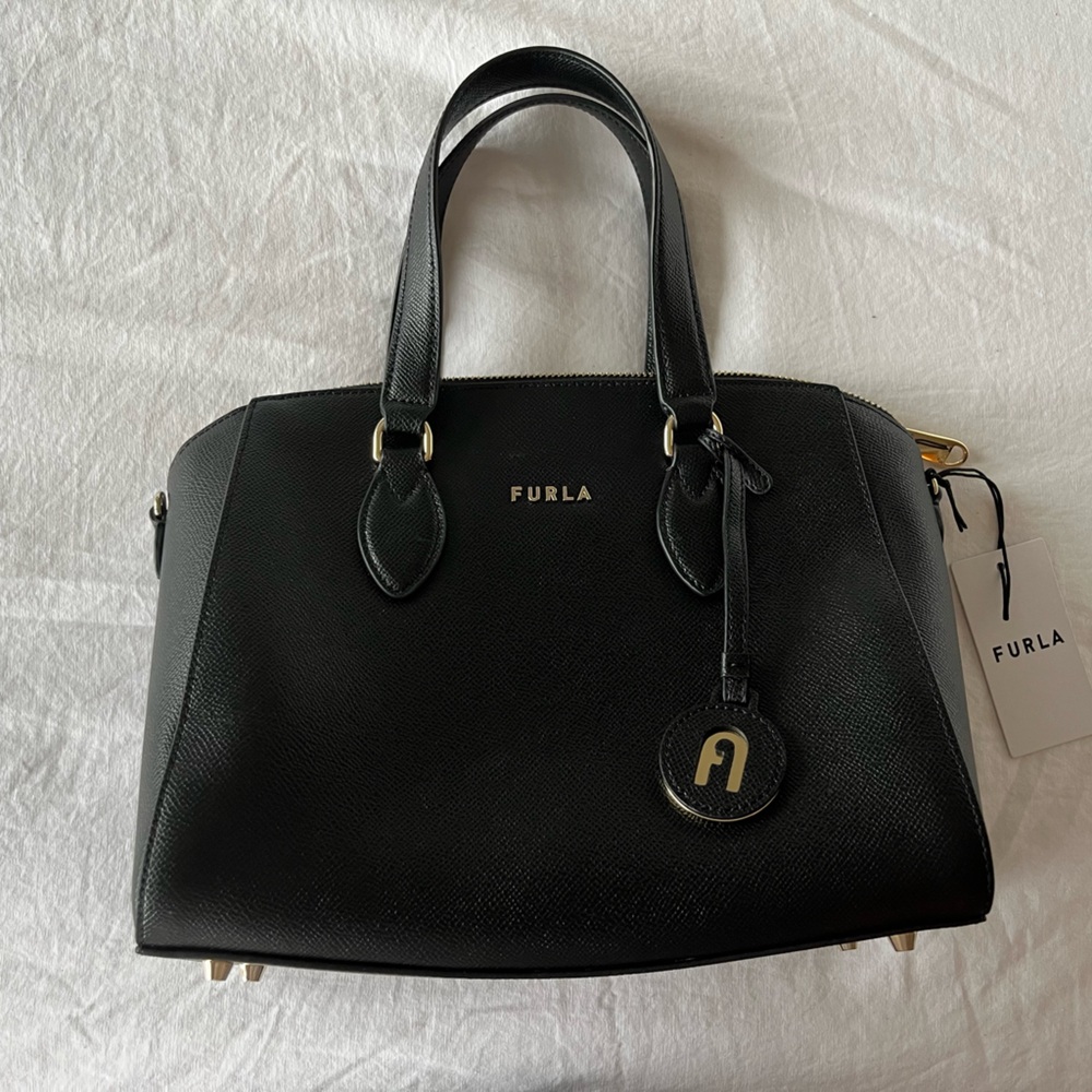 NWT Furla Nero Leather Top Handle Bag Black Satchel with Gold Accents